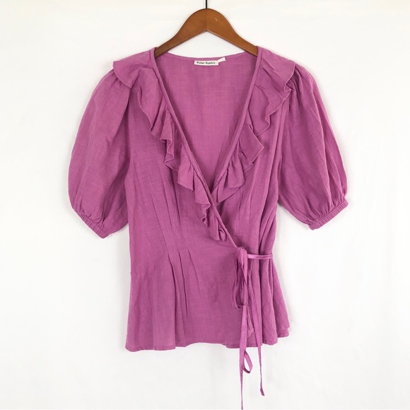Roller Rabbit Cluny Brita Wrap Short Sleeve Shirt Size S Pink Ruffle - Picture 1 of 6